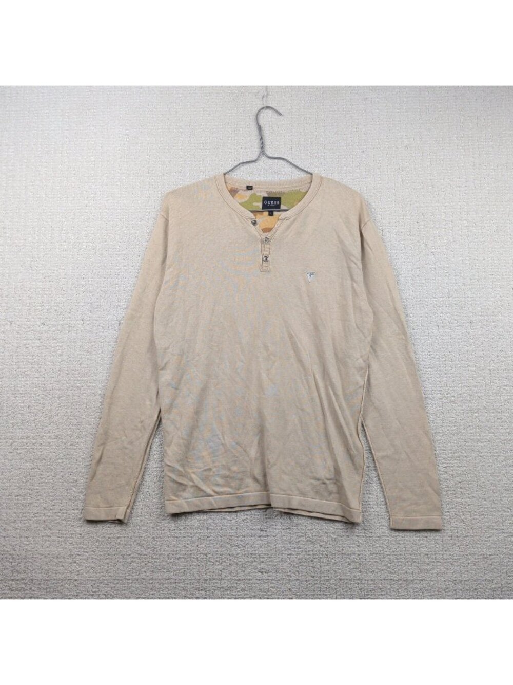 Y2K Guess Knit Henley Long Sleeve Shirt Beige / Sand Men Sz L Preppy  Academia